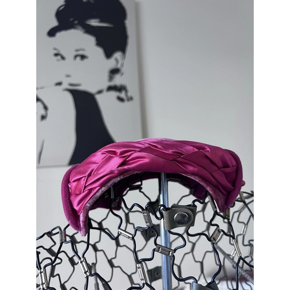Vintage Magenta Pink Velvet Pillbox Hat Braided Satin Trim Retro Mid Century